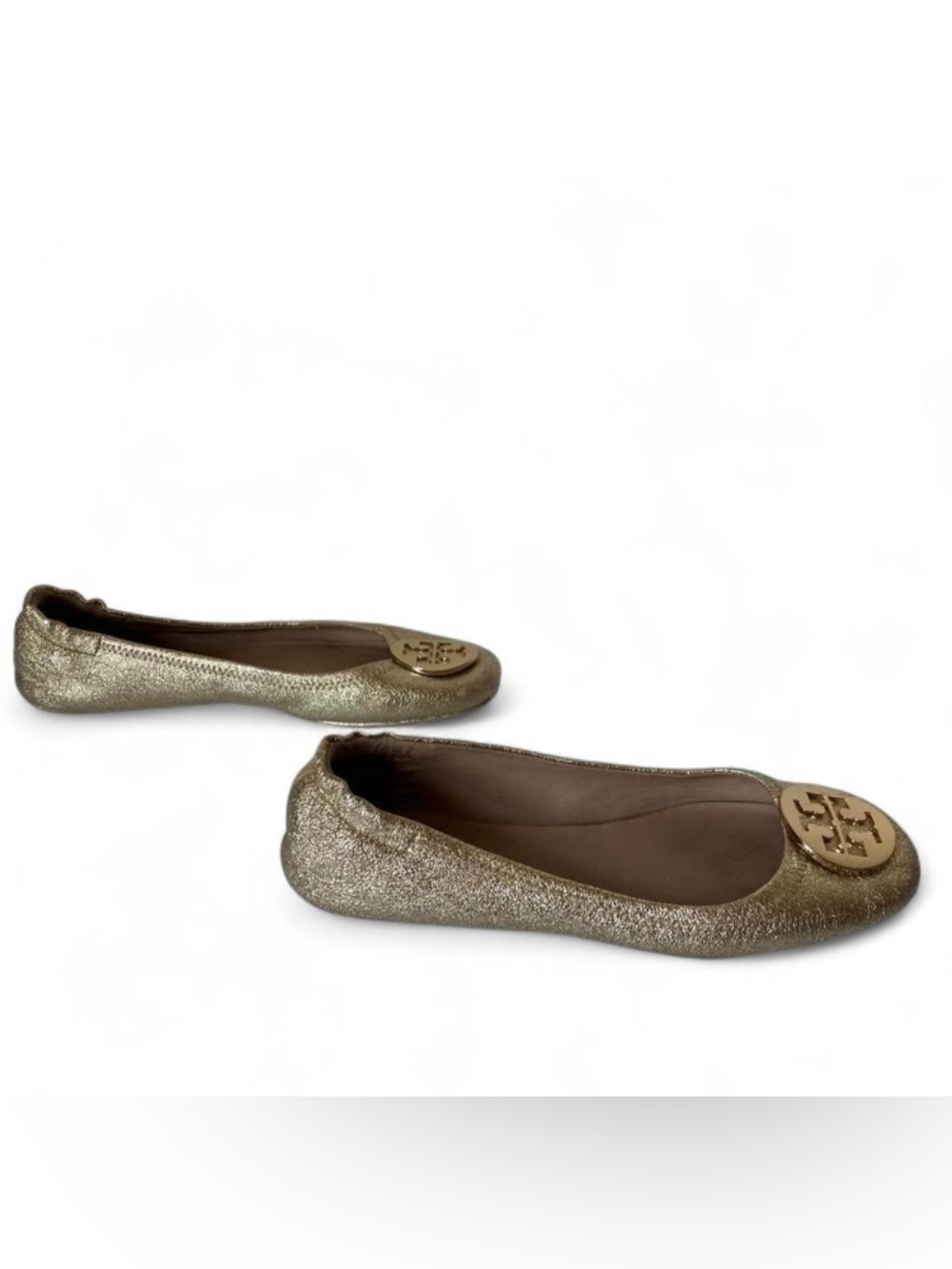 Tory Burch Reva Metallic Gold Crinkle Leather Ballet Flats size 8.5 - Picture 3 of 10